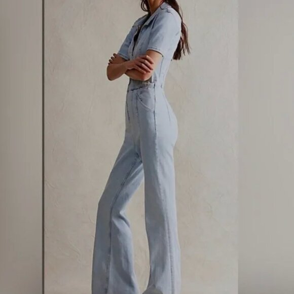 NWOT Free People We The Free Jayde Flare Jumpsuit Light Blue - Picture 9 of 14